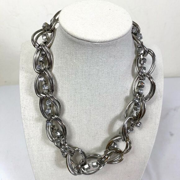 Vtg Chuncky Silver toned necklace with rhinestones inter twined - Picture 1 of 6